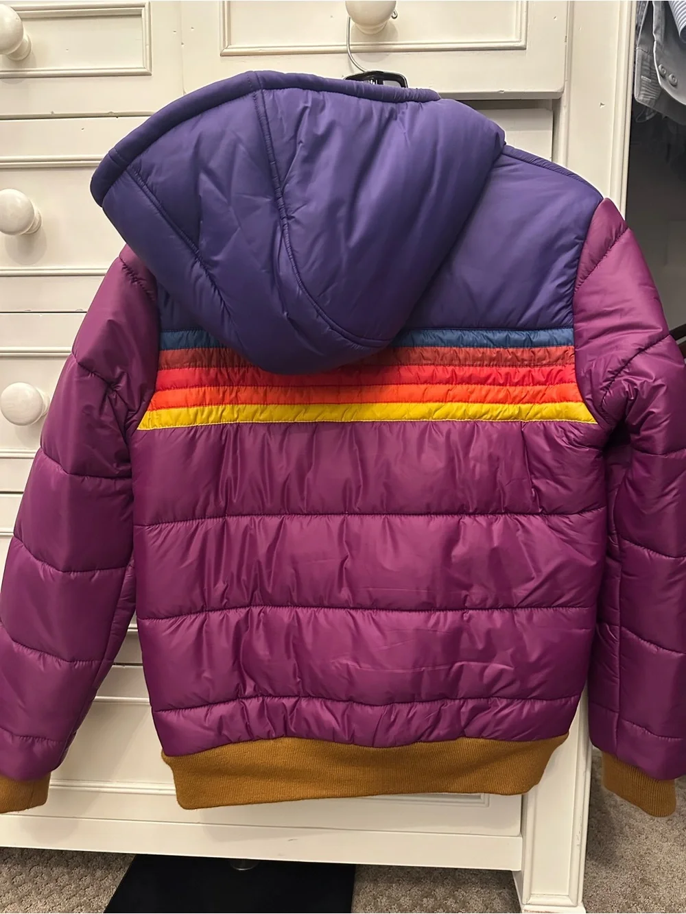 Aviator nation puffer bomber zip up jacket Sherpa hood purple stripes medium